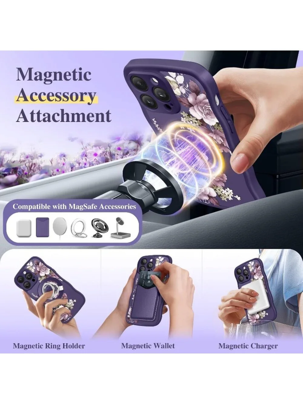 iPhone 14 Pro Cherry Blossoms/Deep Purple Compatible MagSafe Translucent Case